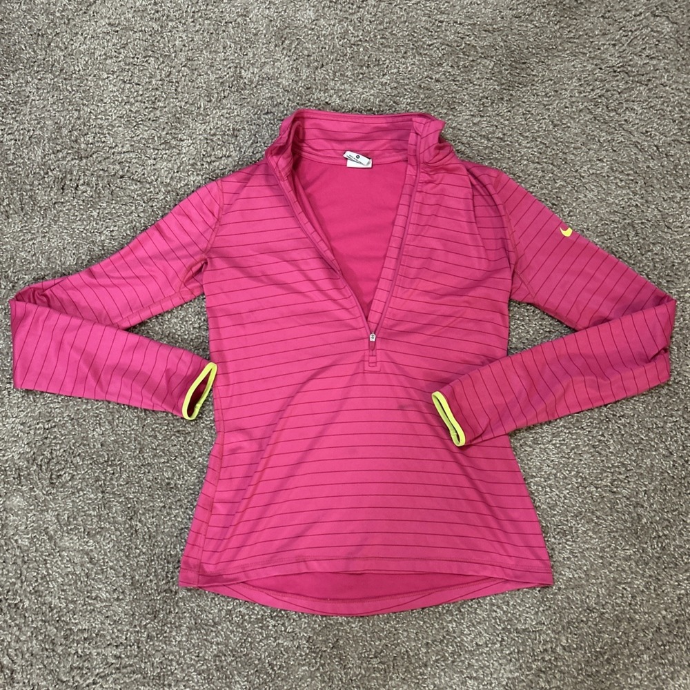 Nike Pro Shirt Womens Medium Pink Yellow  1/2 Zip Long Sleeve Thumb Hole Dri-Fit
